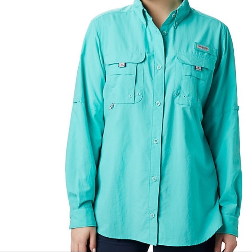 NWOT Women’s Columbia PFG Bahama Long Sleeve Clear Blue Teal Shirt Size Small